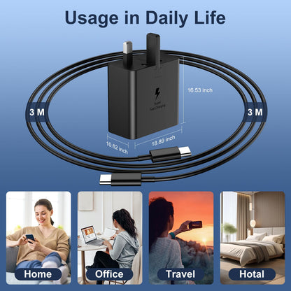Samsung Fast Charger USB C Plug with USB C Cable 3M Long 25W Type C Super Fast Phone Charging Android Adaptor UK 2-Pack for Galaxy S25 Ultra/S24/S23/S22/S21/iPhone 17/17 Air/17 Pro/Max/16/15 Black