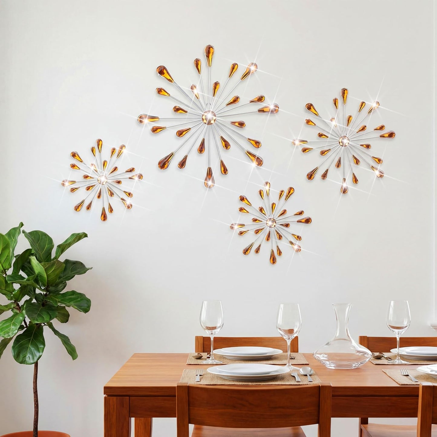 Hicarer 4 Pcs Starburst Wall Decor Bling Wall Art Crystal Teardrop 3D Hanging Rhinestone Radial Metal Artwork Modern Accent Sculptures Decorations for Living Room Home Office Bedroom(Amber)
