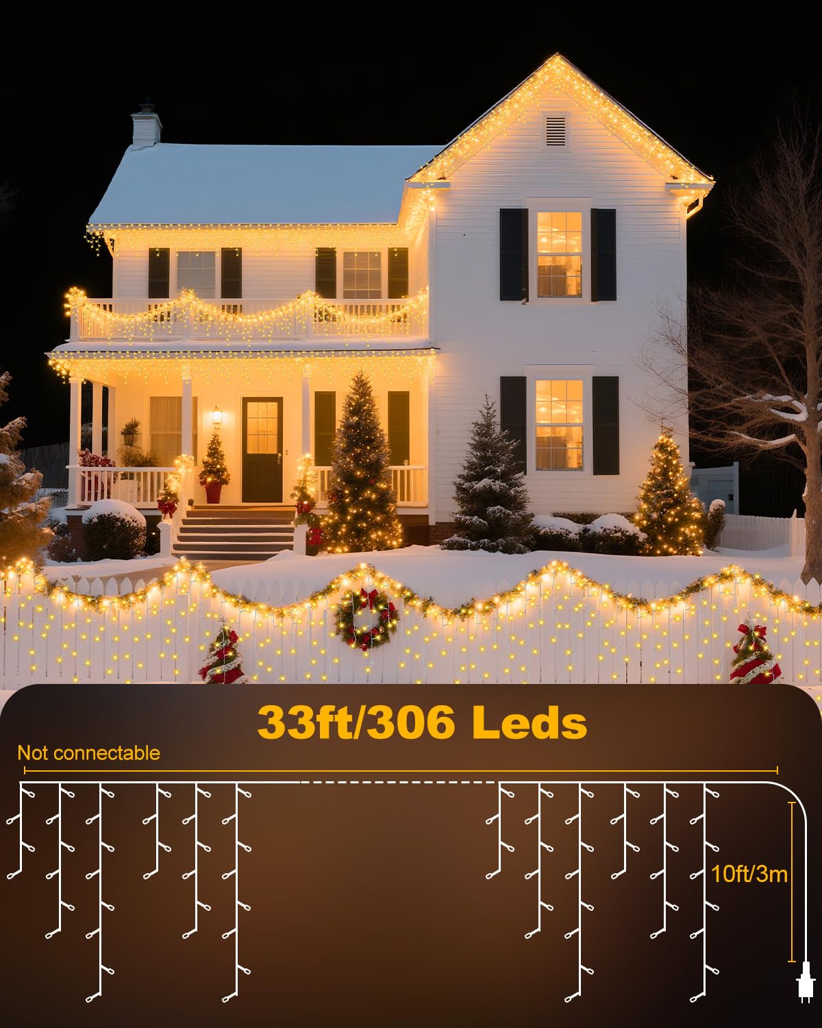 Vynoblip Christmas Ice Lights Outdoor,Warm White 33FT 306 LED 8 Modes Plug in Xmas Tree Decorations Twinkle Fairy Light String with Remote Timer Memory for Roofline Yard Party Wedding Camping Decor