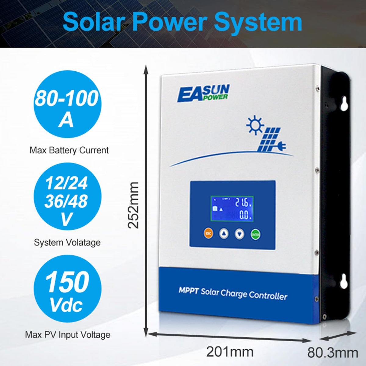 POWLAND 100A MPPT Solar Charge Controller,12V/24V/36V/48V Auto,Max Input 150V LCD Display Regulator Intelligent Regulator Charge Controller