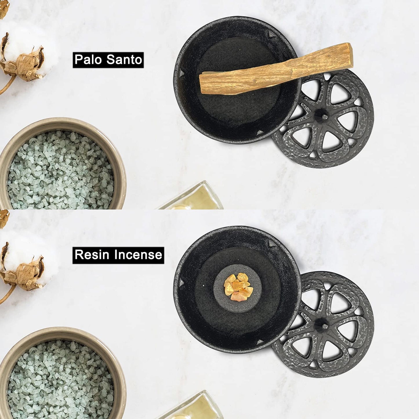 Cast Iron Incense Burner with Holder and Fireproof Cotton - Ideal for Sticks, Resin, Cone Incense and Rituals