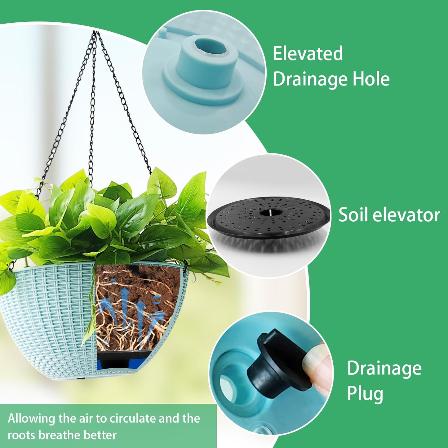 RooTrimmer Hanging Planters for Outdoor Plants 8/10 Inch, 4 Packs Hanging Flower Pot Indoor with Drainage Holes, Self-Watering Hanging Basket Perfect for Home, Office and Garden (Sky Blue)