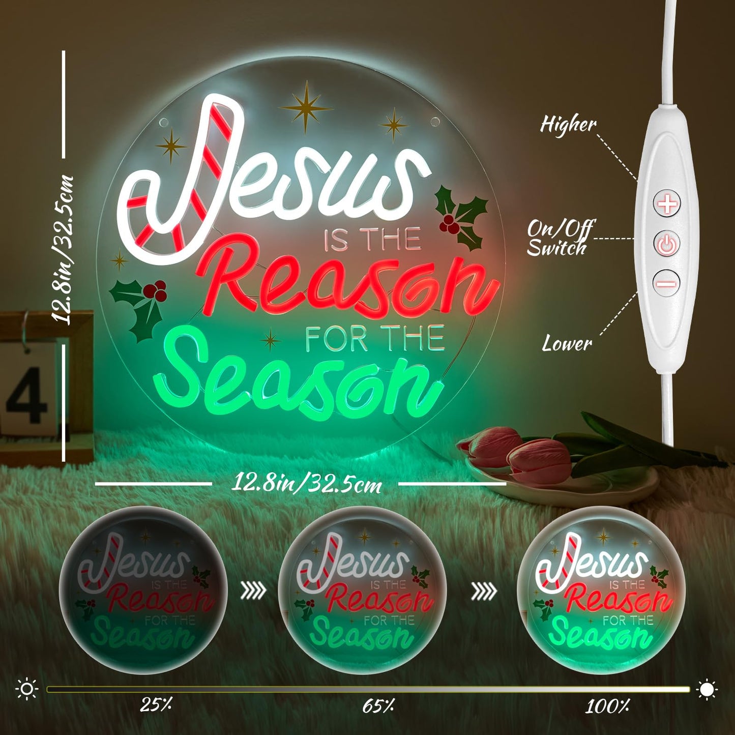 InnovTools Jesus Is the Reason for the Season Neon Sign Christmas Christian Neon Light Wall Decor, Jesus Is the Reason Acrylic LED Wall Sign, Religious Gifts Christmas Holiday Decor for Home, Window