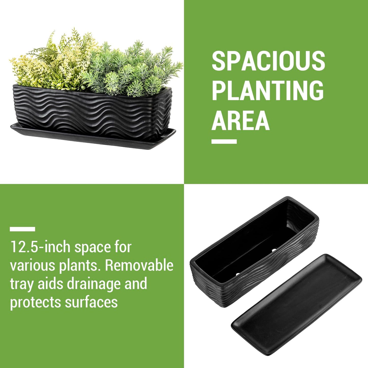MyGift 12.5 inch Ceramic Planter, Modern Textured Rectangular Succulent Flower Plant Pot with Wave Design and Removable Drip Tray Saucer (Black)