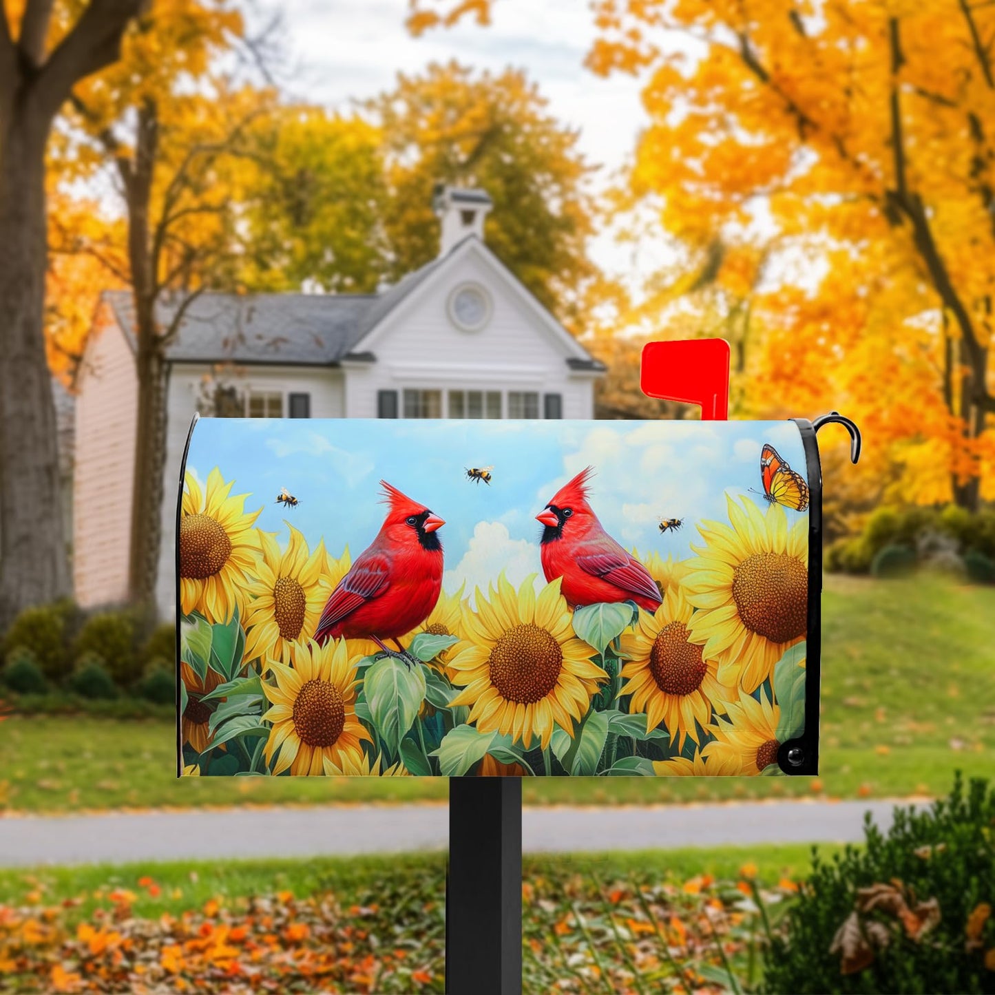 Cardinal Birds Mailbox Cover Summer Mailbox Covers Magnetic Standard Size 21x18 inch Sunflower Bee Butterfly Mail Box Covers for Outdoor Farmhouse Garden Yard Decor Red Bird
