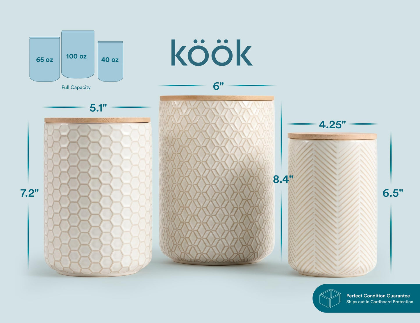 Kook Ceramic Storage Containers, Embossed Pantry & Bathroom Canisters with Airtight Bamboo Lids, Dishwasher Safe Stoneware Jars (40, 65, 100 oz), Set of 3, Narbonne Collection (Ivory)
