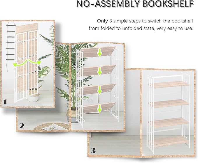 4NM No Assembly 4 Tiers Folding Bookshelf, 47.2" H Foldable Storage Shelves