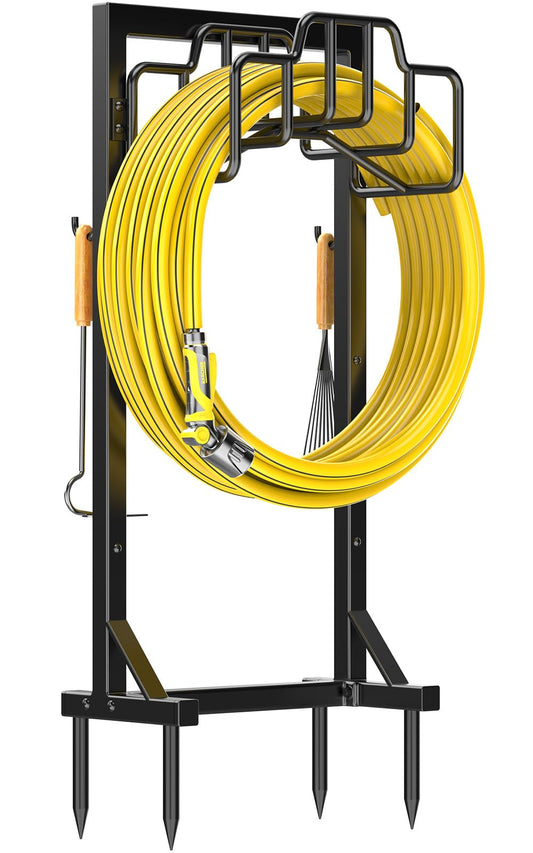 Skycarper Garden Hose Reel Holder Detachable Metal Water Hose Hanger Organizer Heavy Duty Free Standing Hose Stand,Black