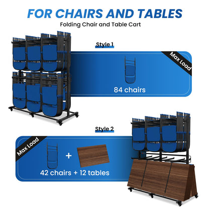 CXRCY Folding Chair Rack, Heavy-Duty Two Tier Folding Chairs Cart with 6 Tank Wheels, 800LBS Capacity for 84 Chairs or 12 Tables, 2 Elastic Band, Dust Cover