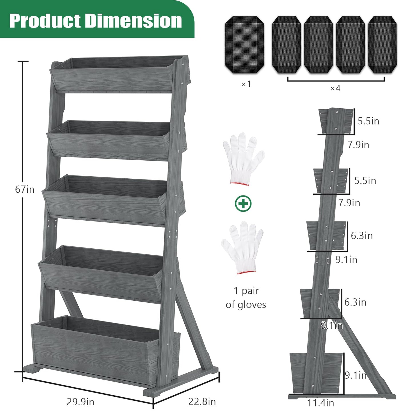SUNYRISY 5 Tiers Vertical Raised Garden Bed Outdoor Planter Tower, Wooden Freestanding Planter Box for Planting Herbs Flowers Vegetables Backyard Patio Balcony Indoor Outdoor Gardening, Grey