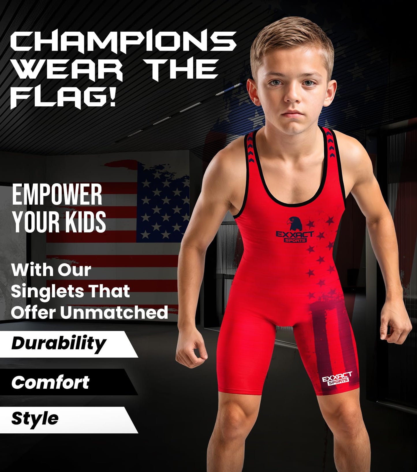 Exxact Sports Patriot Youth Wrestling Singlet For Boys, Premium Powerlifting Singlet, Kids Wrestling Singlets For Training (YL, Red)