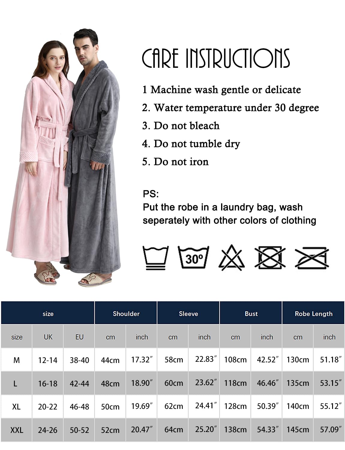 BELLOO Unisex Flannel Dressing Gown Cozy Coral Fleece Bathrobe Long Style, Grey XL