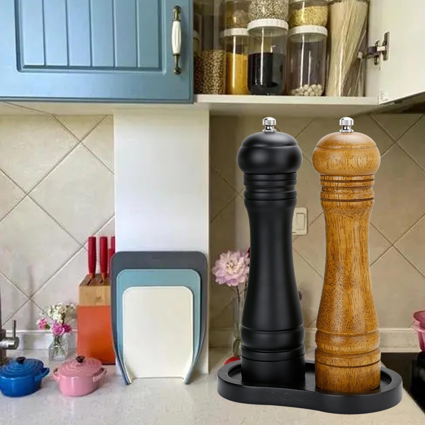 BINHAI Black Wooden Pepper Grinder Tray – Stylish Holder for Salt and Pepper Shakers – Countertop & Tabletop Protector for Kitchen & Dining (Mill Not Included)