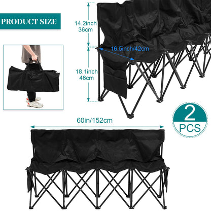 Kigley 2 Pack 4 Seat Folding Soccer Bench, Portable Sports Bench with Carry Bag and Side Pockets, 8 Person Sideline Chairs for Football Basketball Camping Practice Games(Black)