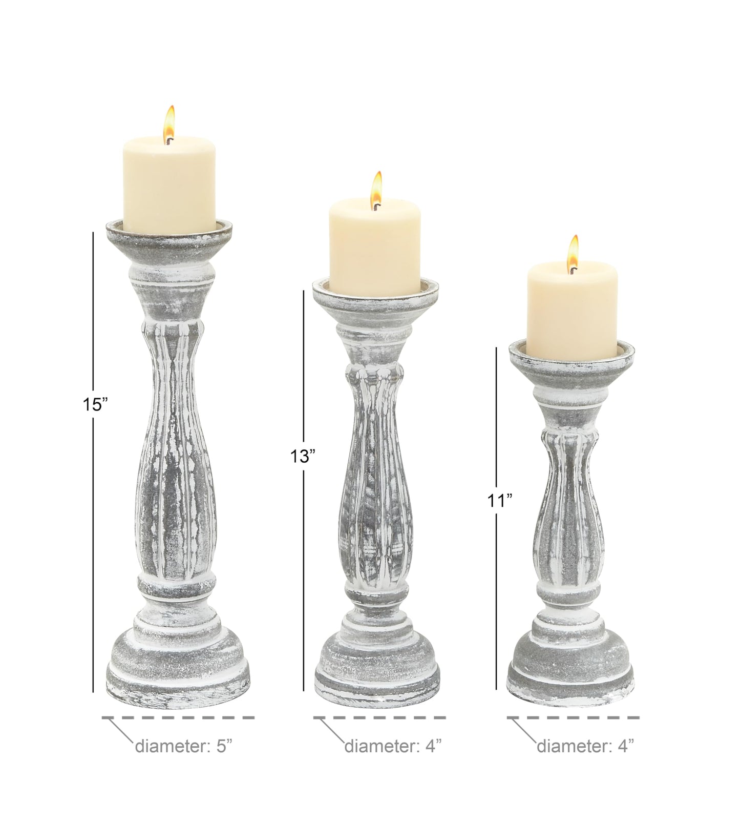 Deco 79 Wooden Decorative Candle Holder Distressed Turned Candle Stand, Set of 3 Candlestick Holder 15", 13", 11"H, Gray
