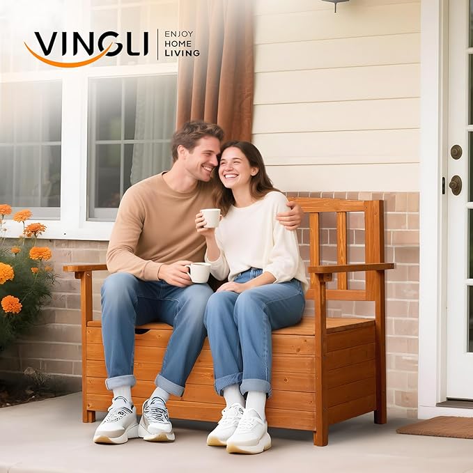 VINGLI Outdoor Storage Bench, Large Wood Deck Box with Seating, Weatherproof Outdoor Bench with Storage Loveseat, 2-Person Wooden Patio Bench for Entryway, Backyard, Garden