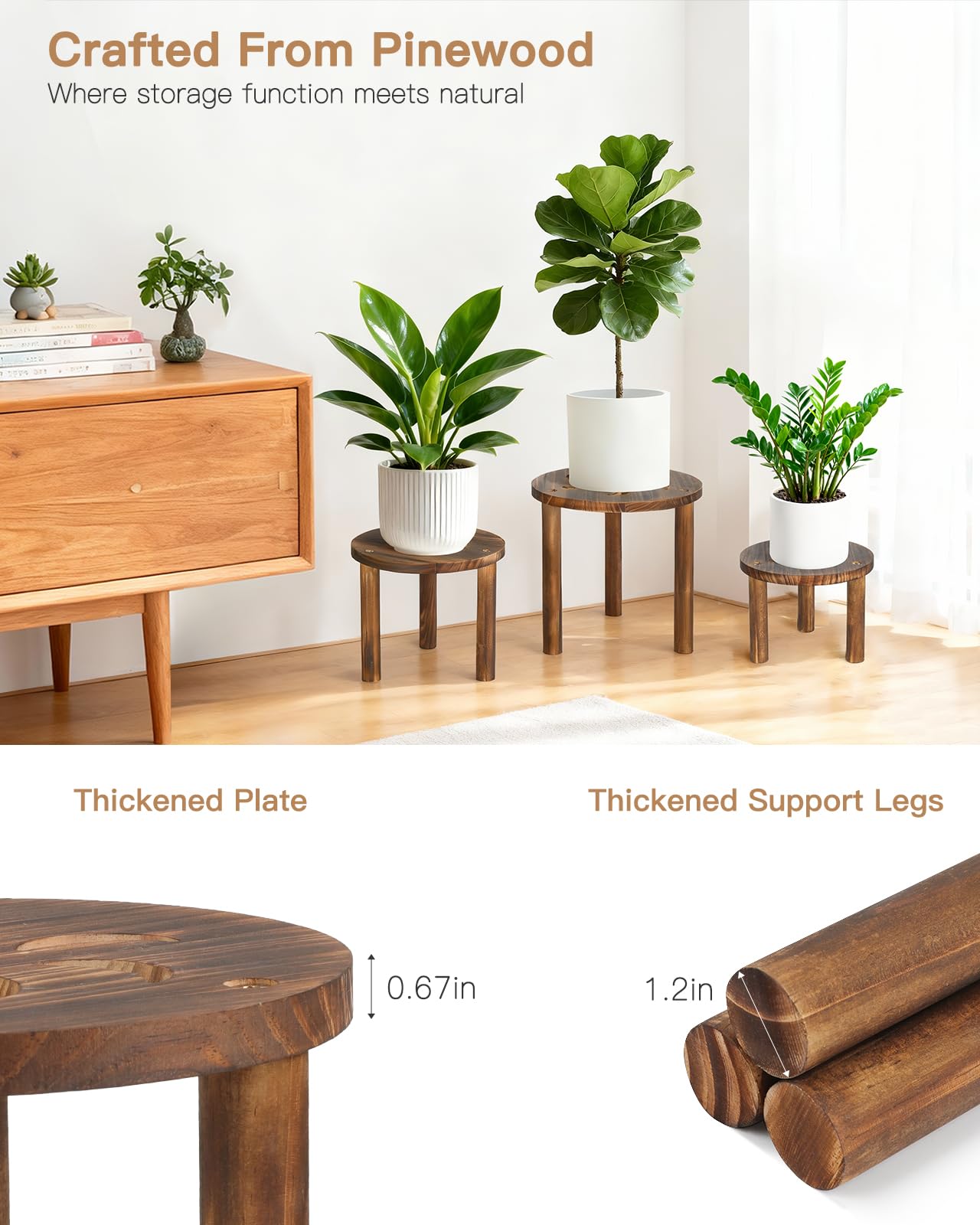 Jotboom 3-Pack Wooden Plant Stand Indoor, Mid Century Plant Stands for 6-11 Inch Pots, Modern Plant Stool for Large Plants, Heavy Duty Tall Plant Holder for Small Apartment Living Room Balcony Office