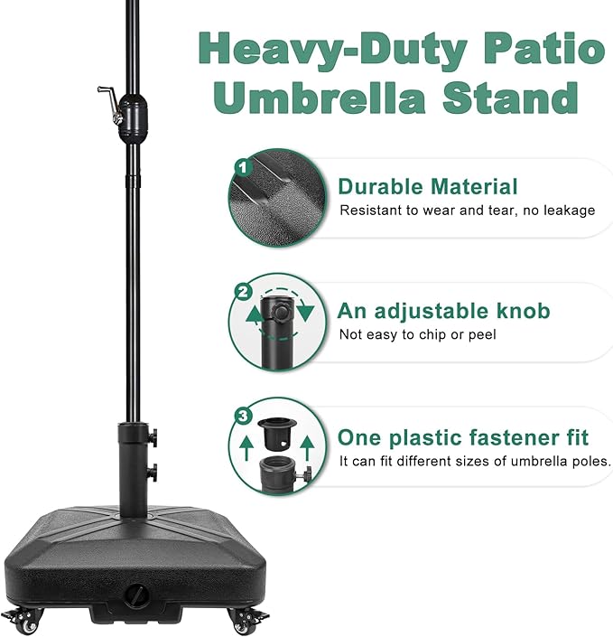 Patio Umbrella Base Heavy Duty with Wheels Square Market Stand for Outdoor 4 Locks 2 Knobs 125lb Capacity, Black