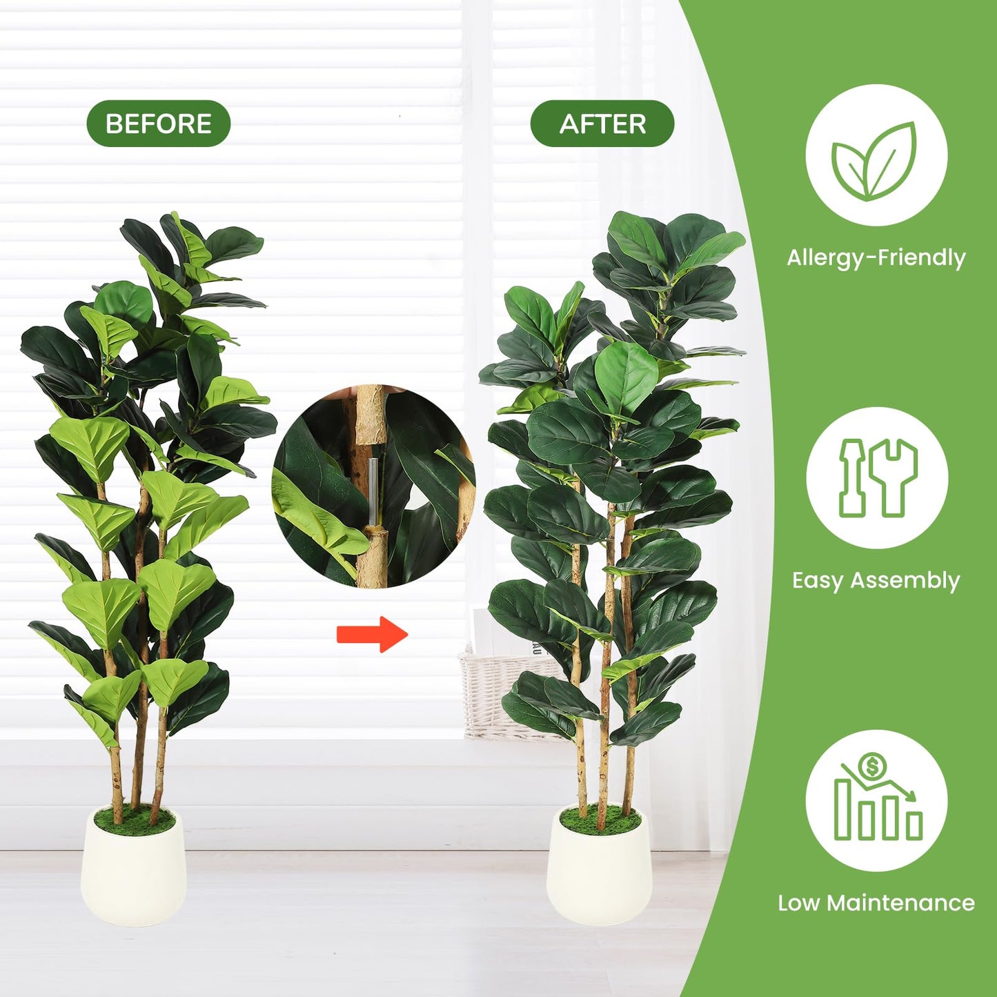 Garvee Artificial Fiddle Leaf Fig Tree with White Planter, 5 ft Tall Fake Plant with Natural Wood Trunk, Faux Ficus Tree Potted Moss for Home Office Living Room Decor