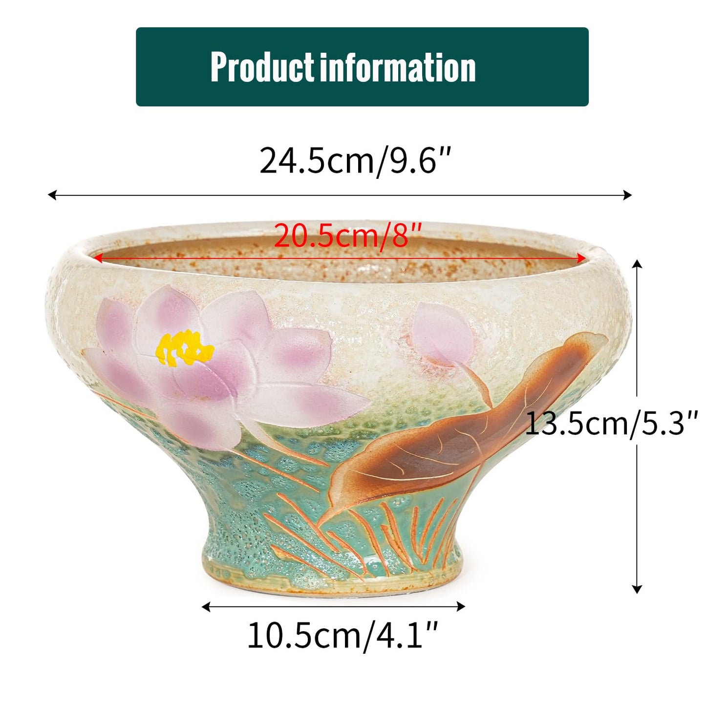 Sungmor 9.6 Inch Large Succulent Plant Pots, Pretty Hand Painted Ceramic Planter with Drainage, Indoor Outdoor Cactus Planter Bonsai Pot, Flower Pot for Indoor Plants Garden Windowsill Desktop Decor