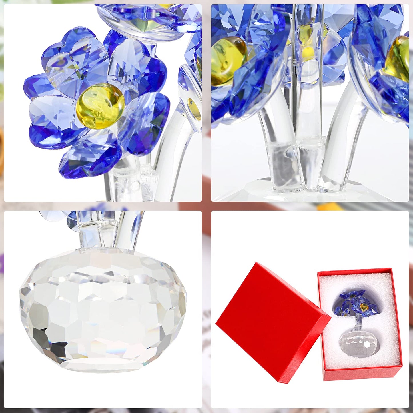 OwnMy Blue Crystal Forget Me Not Flowers Figurines Collectibles Sparkle Crystal Forget-Me-Not Flowers Decor, Small Glass Flowers Paperweight Ornament for Home Office Tabletop