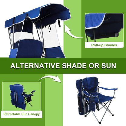 Romswi Folding Canopy Beach Camping Chairs for Adult 2 Pack, Portable Outdoor Chairs with Sunshade,Cup Holder & Side Pocket for Camping, Fishing, Beach, Backyard, Navy