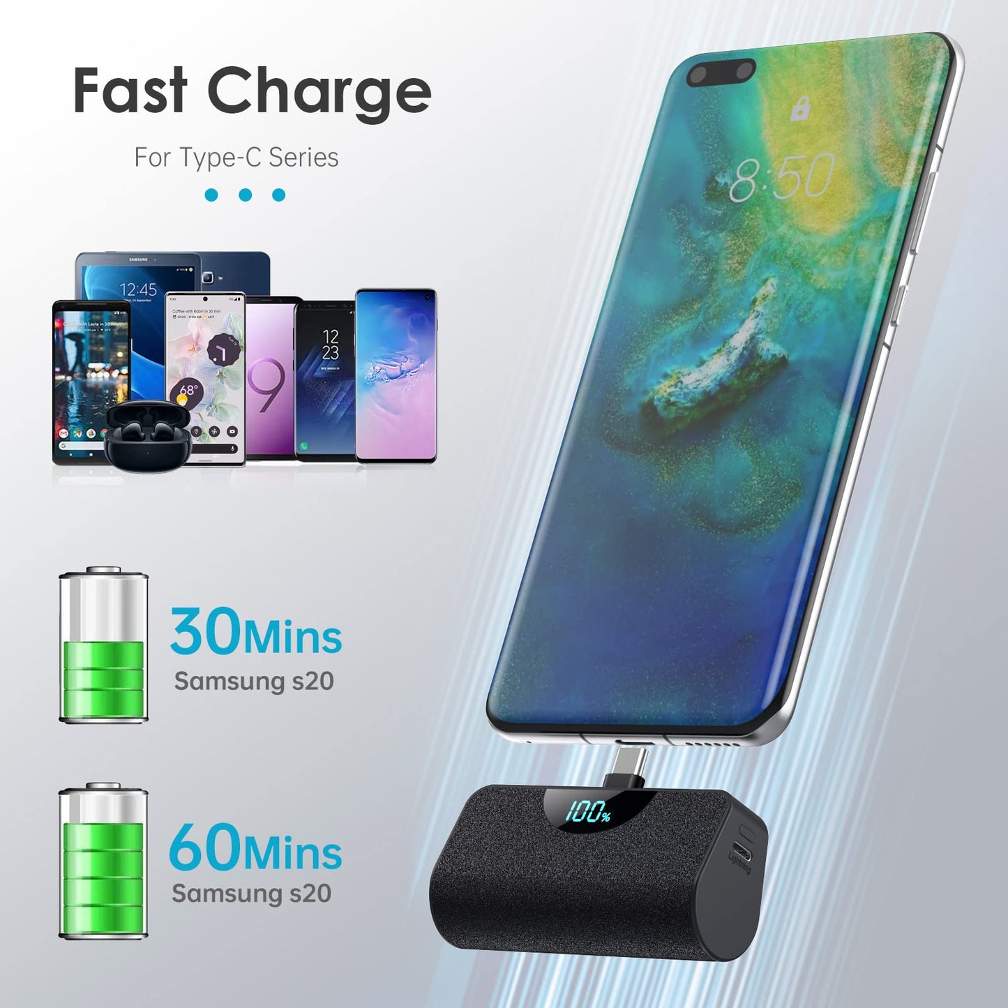 Mini Portable Charger USB-C Power Bank 5200mAh,Ultra Compact LCD Display Battery Pack Backup Charger Compatible with iPhone 17/17 Air/17 Pro/17 Pro Max/16/16 Plus/16 Pro Max/15 Series,Samsung-Green