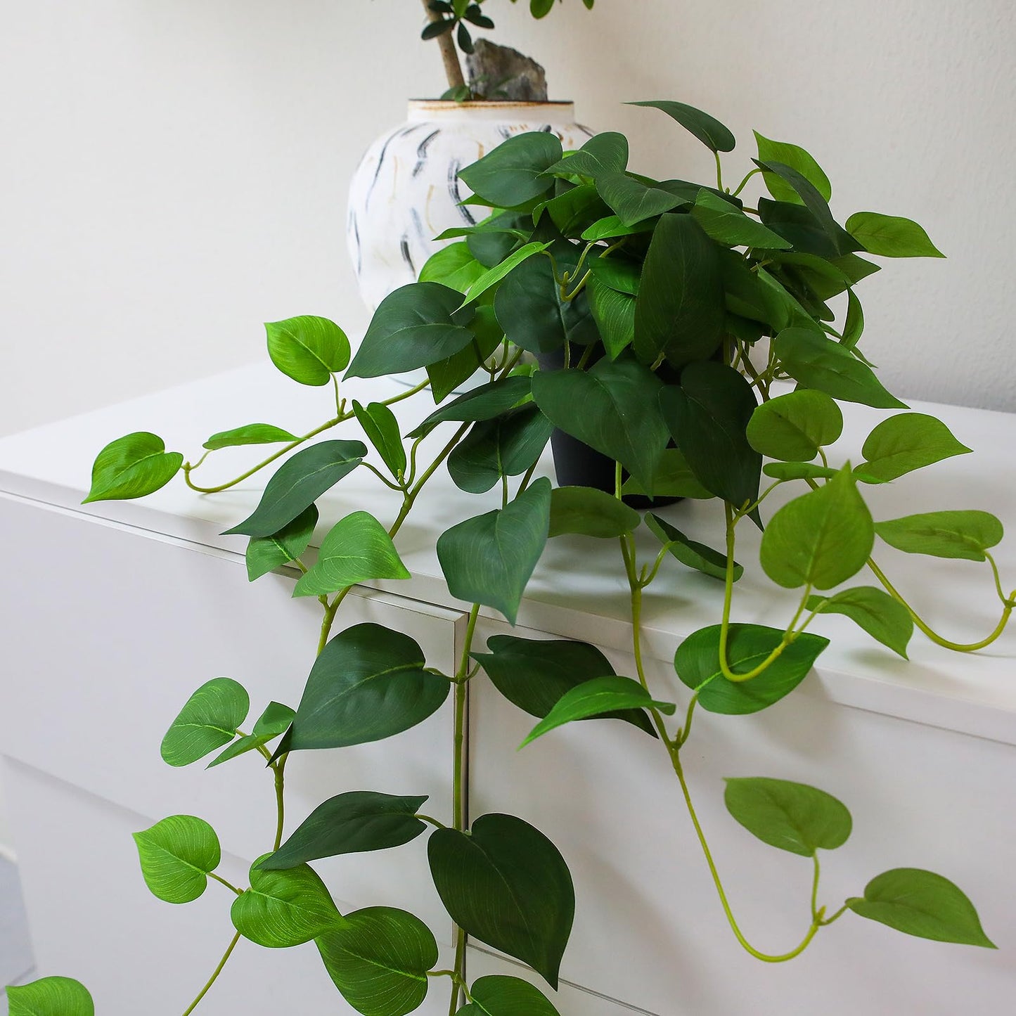 HIFORESTAR Fake Pothos Hanging Plants, 33" Potted Artificial Hanging Plant, Faux Pothos Silk Vines Hanging Plant Greenery for Home Living Room Indoor Decor