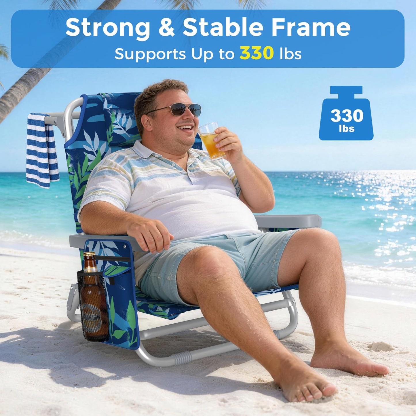 5-Position Backpack Beach Chair for Adults with Lumbar, Foldable Tall Heavy-Duty Beach Chairs with Cooler Bag,Cup Holder,Towel Rack for Beach, Camping, Outdoor