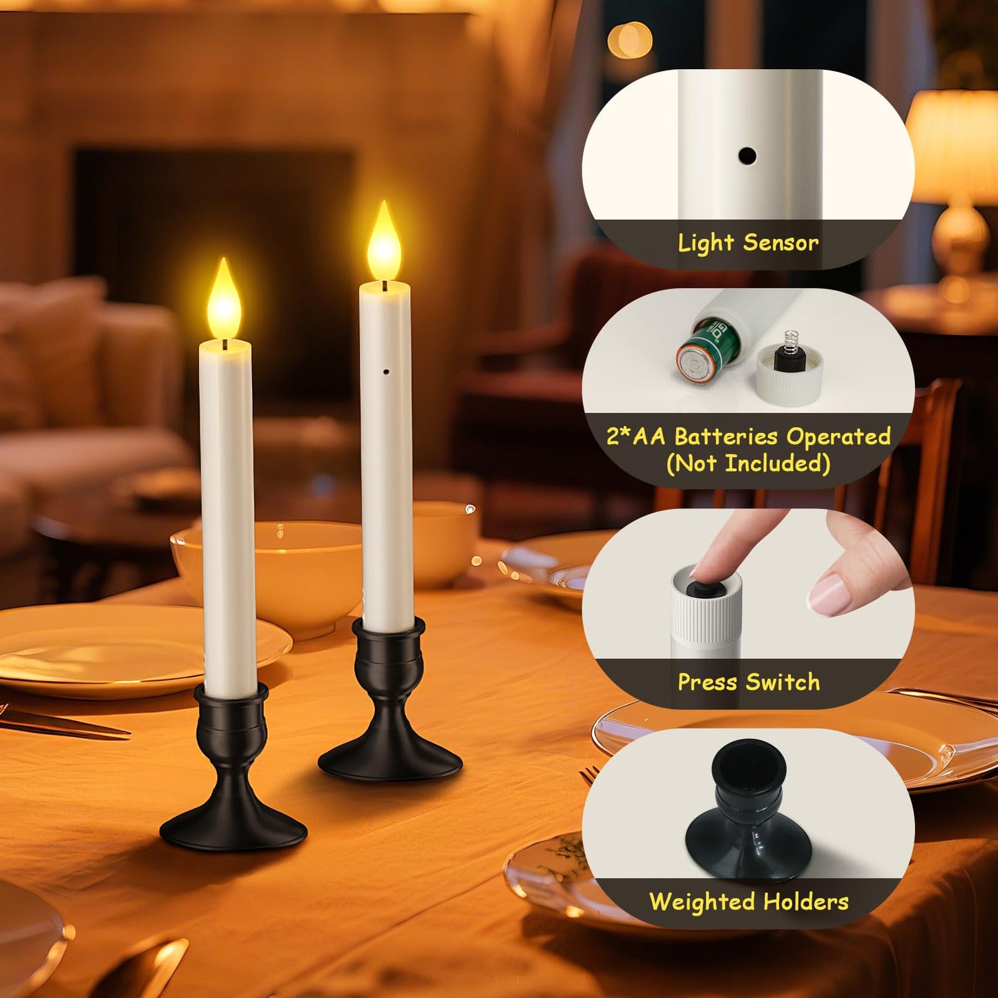 Yme 10 PCS Flameless Taper Candles with Dusk to Dawn Sensor, 7.2" Window Candles Battery Operated with Holders, LED Candle Sticks Christmas Window Lights for Christmas Halloween Holiday Home Decor