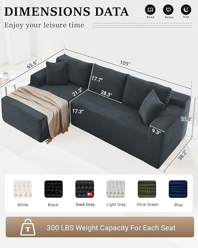 105 Inch Cloud Sectional Couch, Modern Modular Sectional Sofa