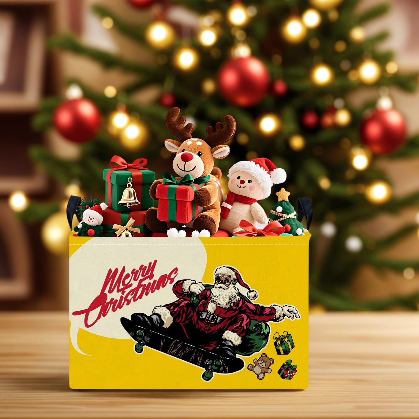 NIETEIN Large Kids Christmas Holiday Gift Empty Baskets Collapsible Families Holiday Storage Bin with Handle (Santa Claus Skateboarding)