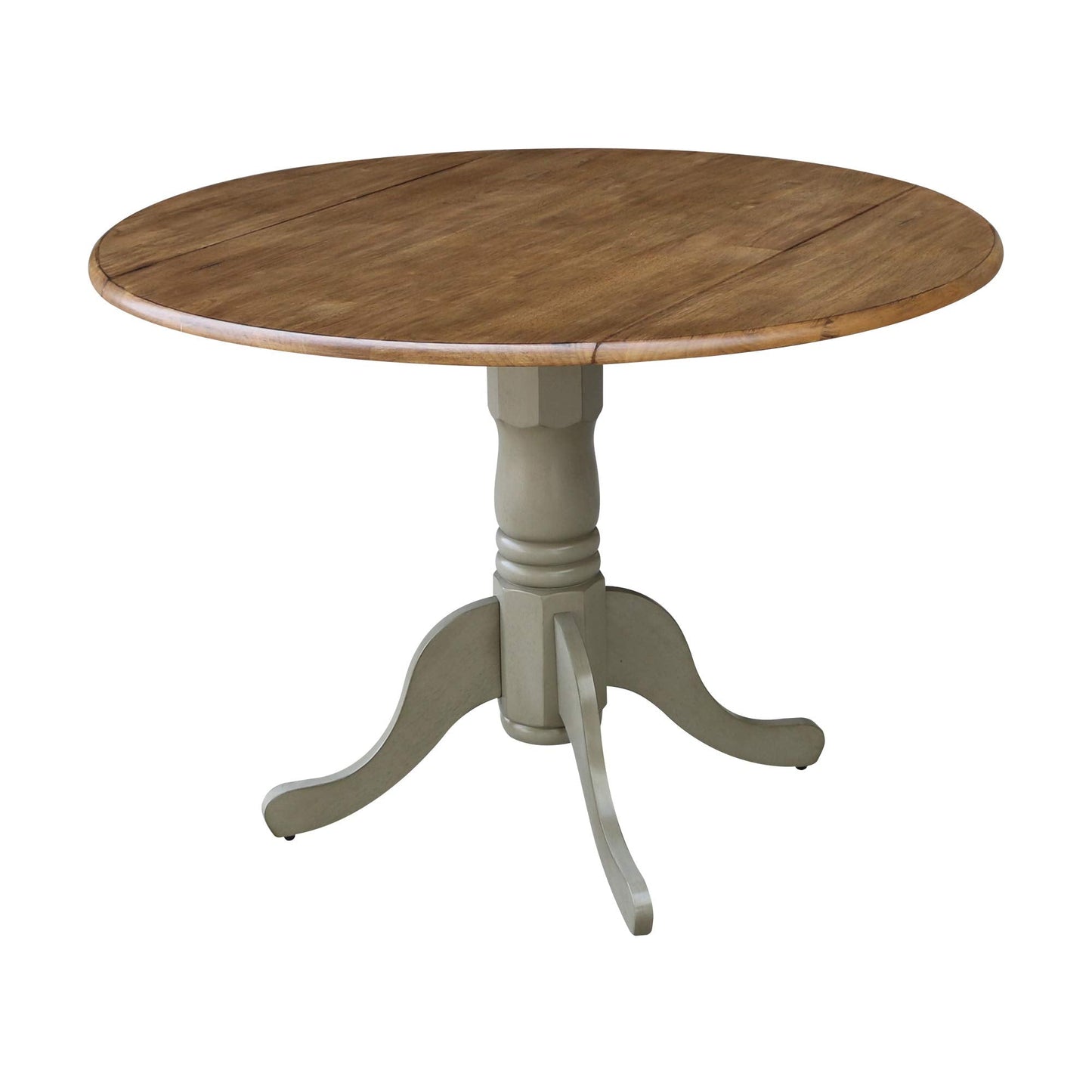 IC International Concepts, 42" Round Dual Drop Leaf Pedestal Dining Table, Solid Real Wood, Sturdy Parawood, Distressed Hickory/Stone