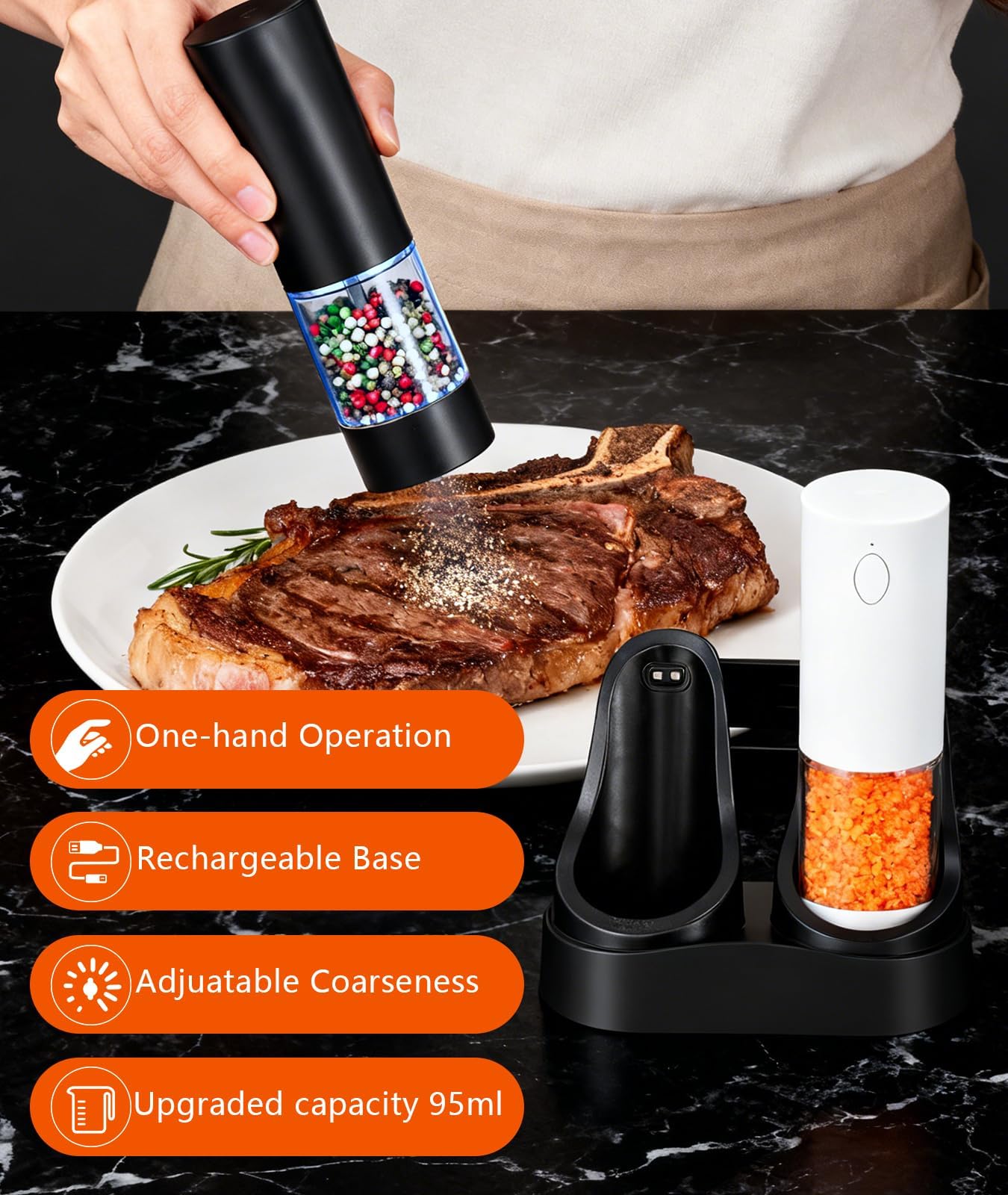 Irosiy Electric Salt and Pepper Grinder Set - Kitchen Appliances, Adjustable Coarseness, LED Light, Stainless Steel & Glass Body - Spice Mill for Birthday Gifts for Women