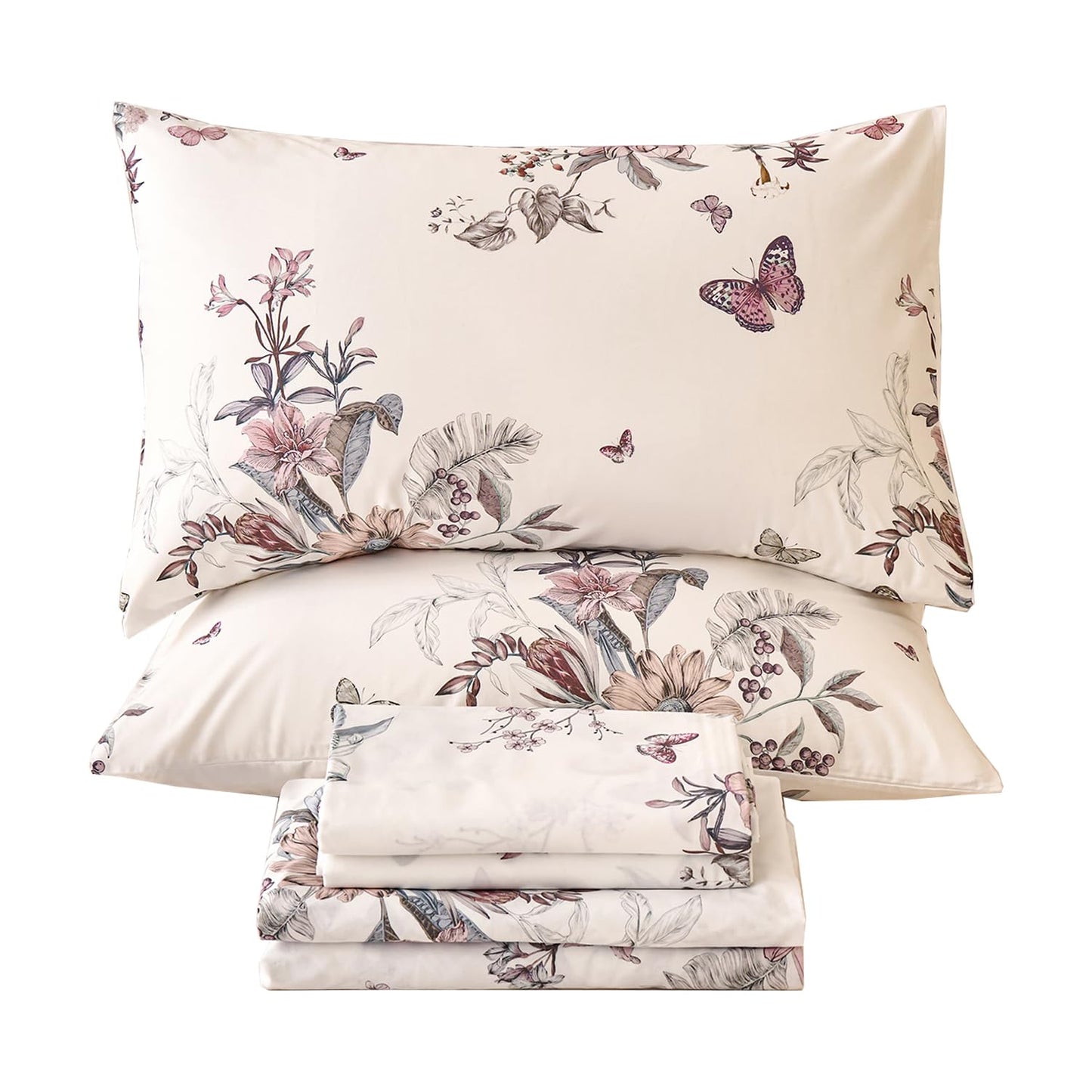 Huborise King Size Sheet Set Dusty Rose Floral Bed Sheets 100% Cotton 4Pcs, Light Pink Flower & Butterfly Printed Bed Set with Deep Pocket 17.5", Soft Breathable & Crisp, Luxury French Country Style
