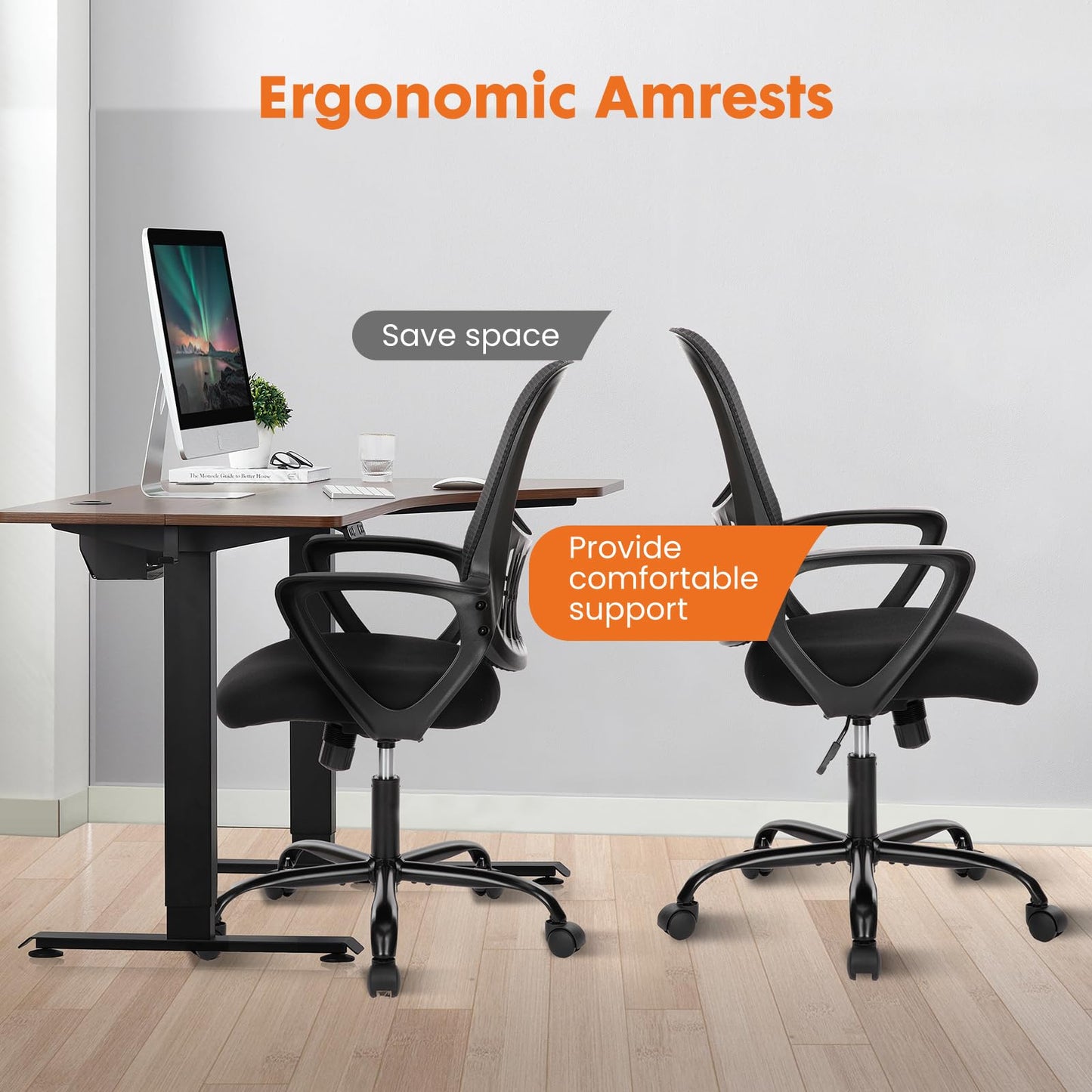 Sweetcrispy Ergonomic Mid-Back Mesh Home Office Desk Chair with Wheels, Lumbar Support, and Comfortable Armrests for Home, Bedroom, Study, Office