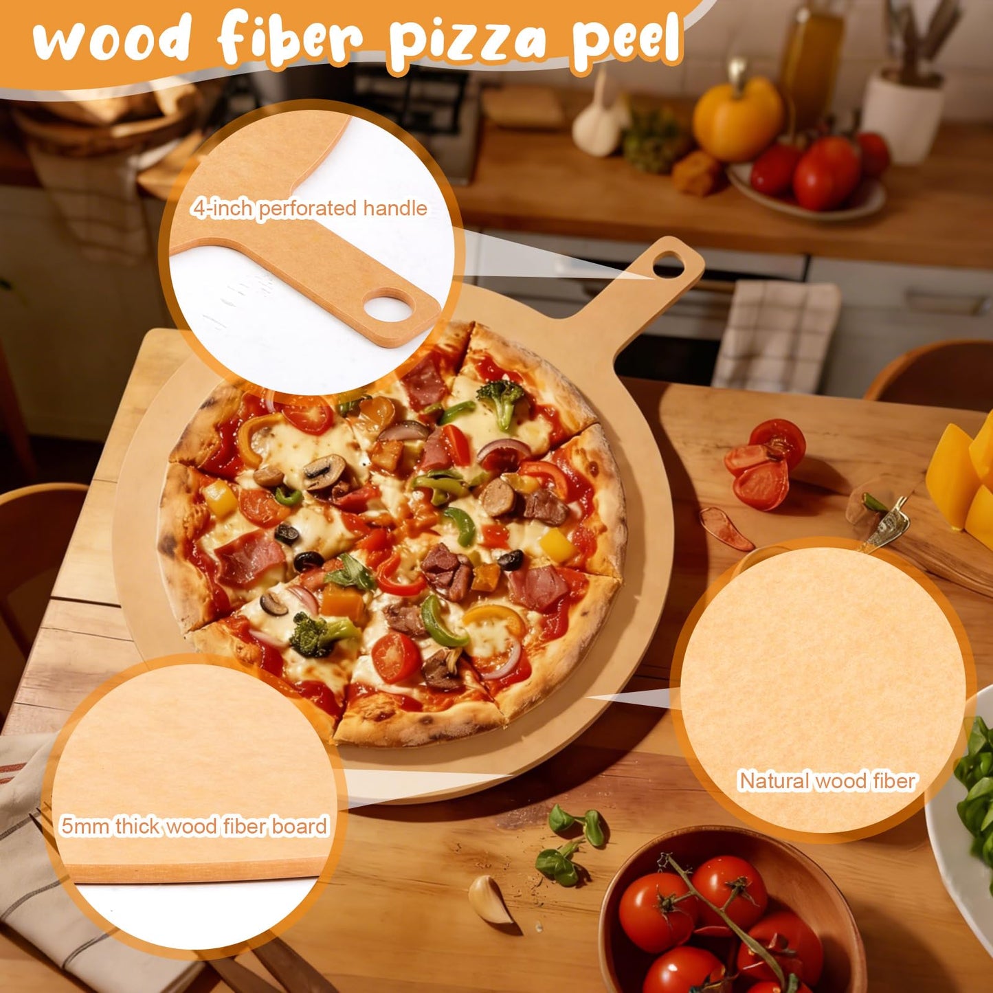 Lounsweer 24" × 20" Round Pizza Board with Handle, Wood Fiber Pizza Peel, Non-slip Cutting & Serving Board, Heavy Duty Wooden Serving Tray for Baking, Charcuterie & Kitchen Use