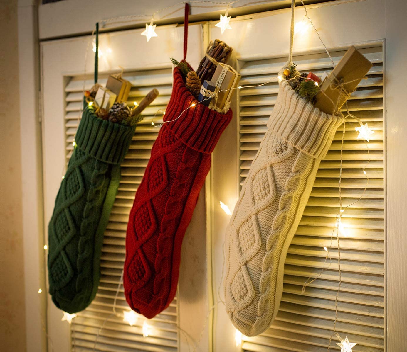Fesciory Christmas Stockings, 6 Pack 18" Large Knit Stocking & Decor for Family Holiday Xmas Party Gift, Burgundy&Ivory&Green