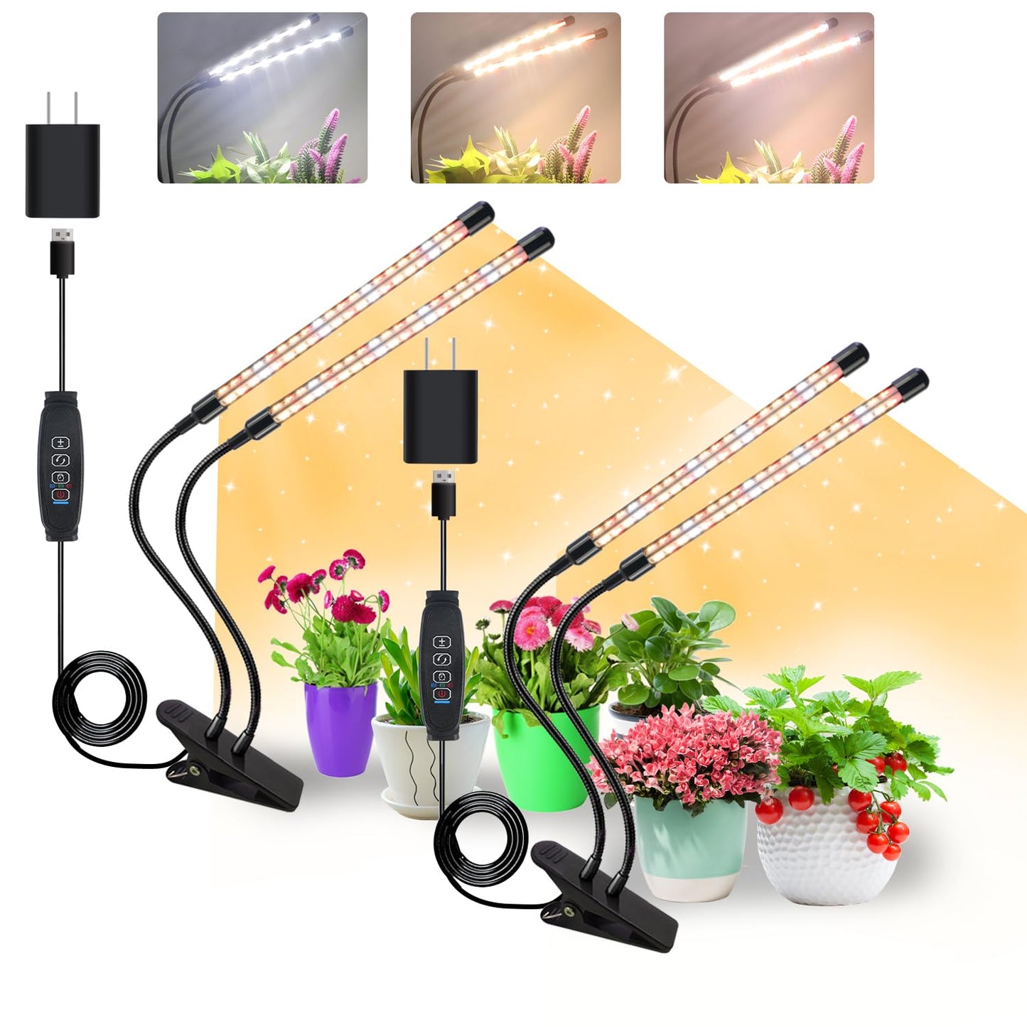 GROWSTAR Plant Lights for Indoor Growing, Full Spectrum 4 Heads Clip Grow Lamps with 10 Feet Cables for Seeding Blooming and Fruiting(2 Pack)
