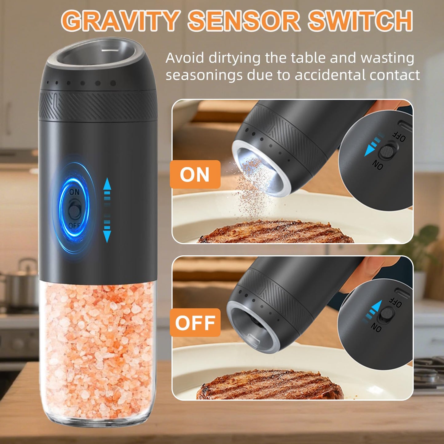 Gravity Electric Salt and Pepper Grinder Set Rechargeable, External Adjustable Coarseness, Automatic Salt and Pepper Shakers Mill with LED Light, 6oz/176ml Large Capacity, House Warming Gifts (1 Pack)