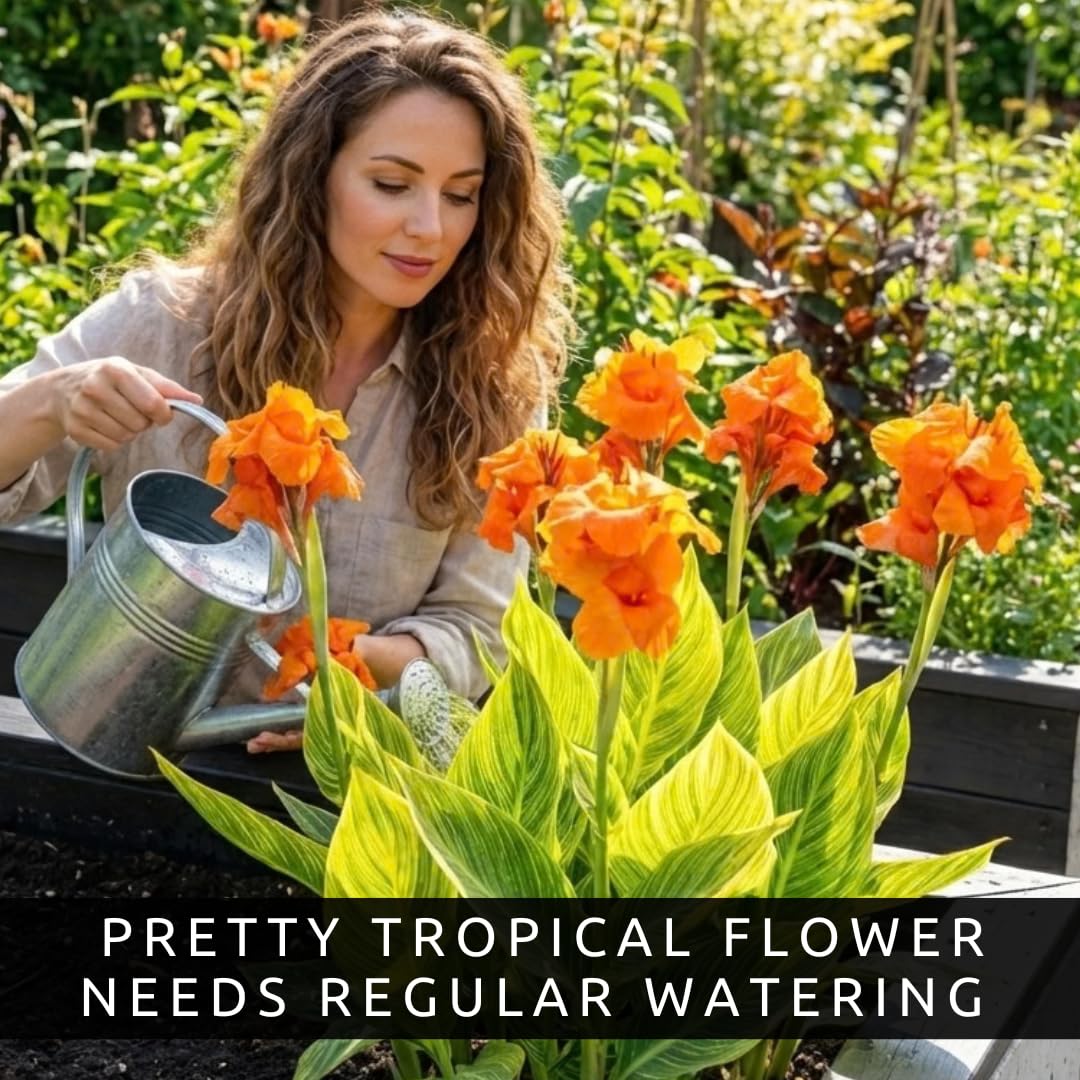 Pretorian Canna Lily Premium Bulbs – Variegated Yellow & Green Foliage with Bright Orange Blooms – Tall Tropical Summer Flowering Bulbs (1 Bulb)