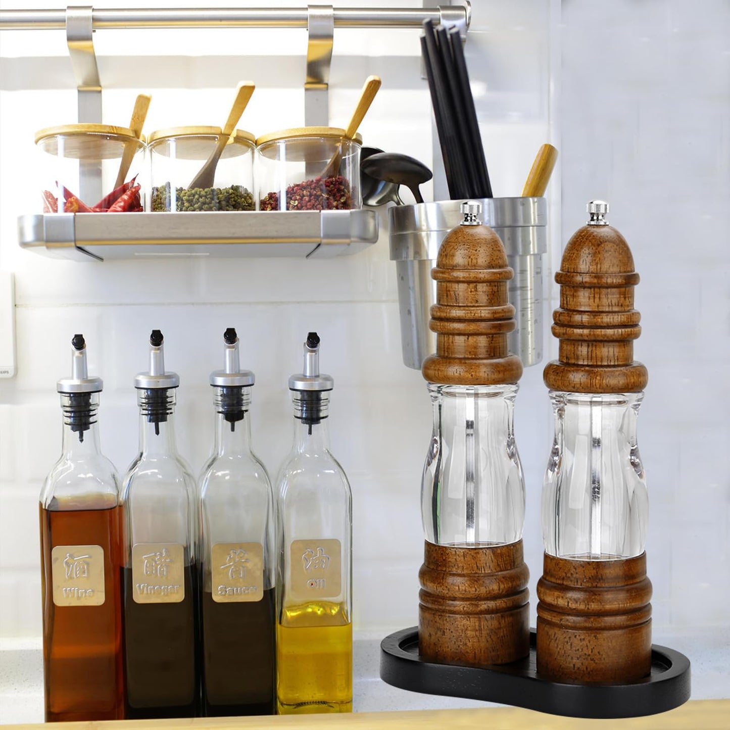 BINHAI Black Wooden Pepper Grinder Tray – Stylish Holder for Salt and Pepper Shakers – Countertop & Tabletop Protector for Kitchen & Dining (Mill Not Included)