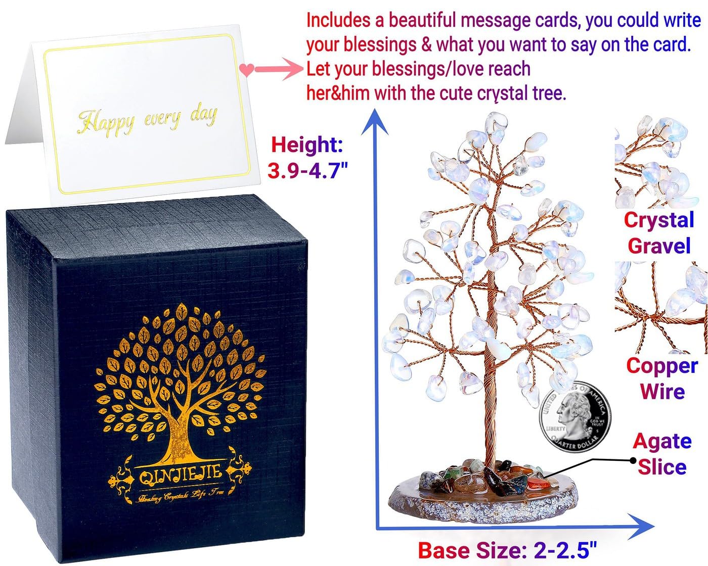 QINJIEJIE Opal Healing Crystals Natural Stone Decor Reiki Gemstone Tree Agate Slice Base Copper Wire Money Tree of Life White Opalite Home Office Decoration Spiritual Luck Gift for Women