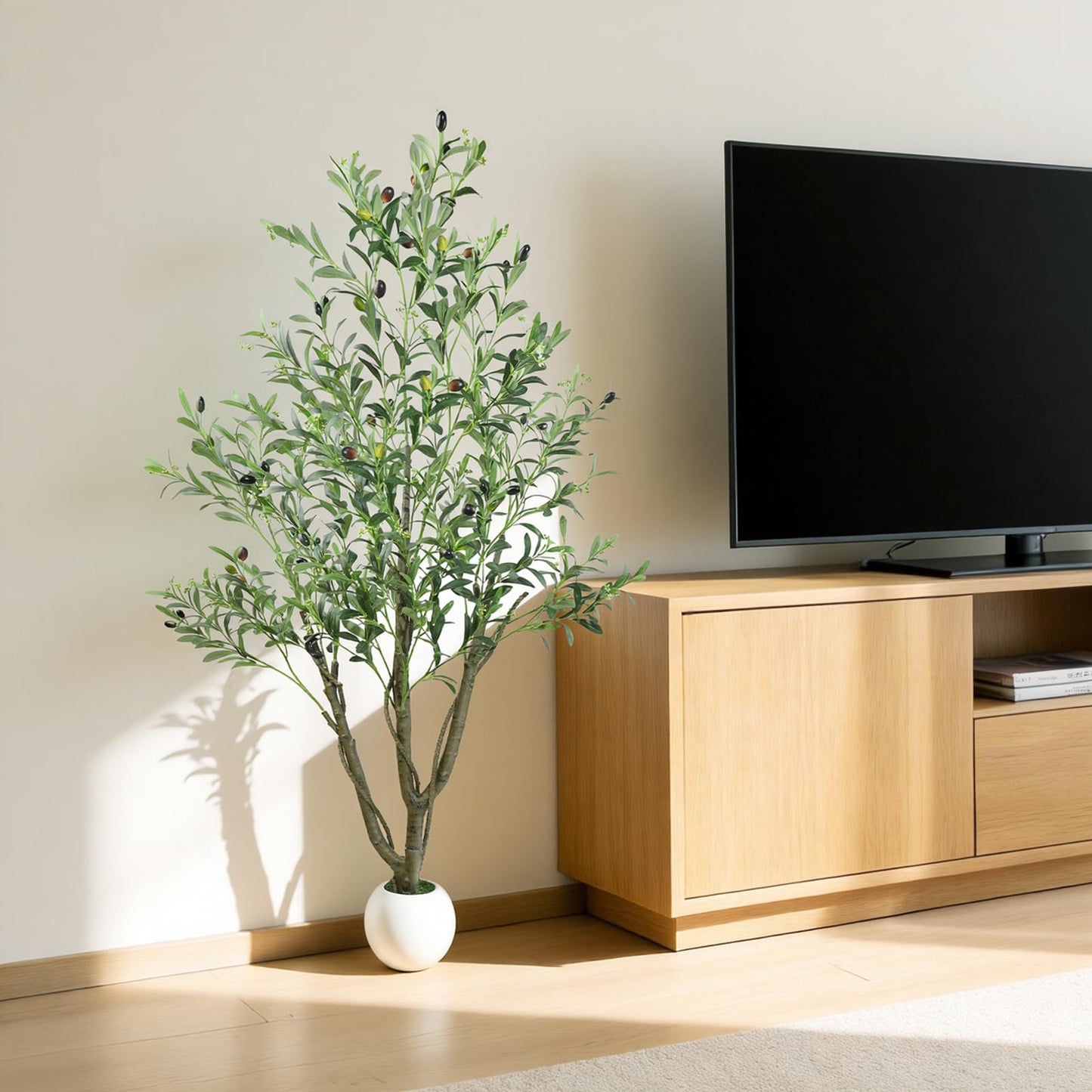 Caxchiling Artificial Olive Tree 5FT, Fake Tree for Indoor Outdoor, Lifelike Faux Large Floor Plants with Heavy Trunk with Vines and Ball-Shaped Pot, Home Office Living Room Bedroom Front Door Decor