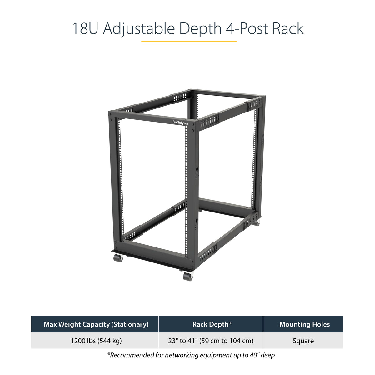 StarTech 18U 4-Post Server Rack, 19in Open Frame Rack with 40in (101cm) Mounting Depth and 1200lb (544kg) Weight Capacity, Mobile or Floor Mount IT Rack