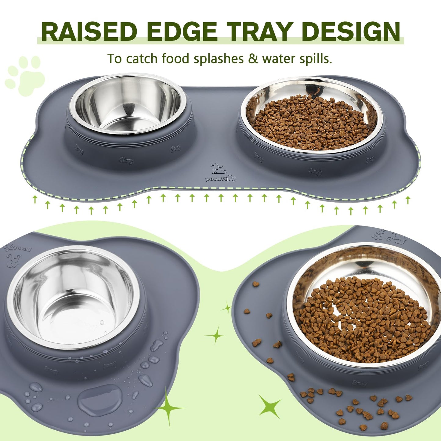 Pecute Dog Bowls Non Slip, Stainless Steel Double Bowls Set with Non-Spill Silicone Mats Tray for Cats Puppies Small Dogs Water Food Feeding (14oz Each Bowl, Grey)