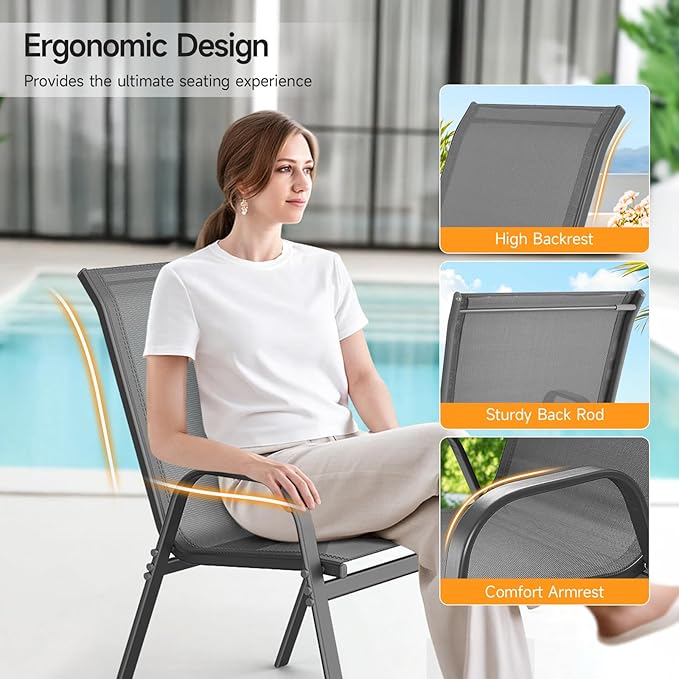 ONBRILL Patio Chairs set of 2, Easy Assembly Stackable Outdoor Dining Chairs with Wide Seat and Sturdy Metal Frame, Breathable All Weather Textilene Outdoor Chairs Set of 2 for Deck, Pool, Porch, Grey