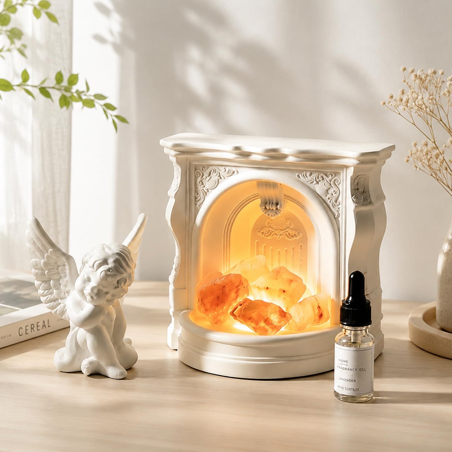 Angel Aroma Diffuser Set with Himalayan Salt & Fireplace Light, Passive Essential Oil Diffuser with White Tea Oil, Home Fragrance Decor for Bedroom, Bathroom, Office, Gift for Women