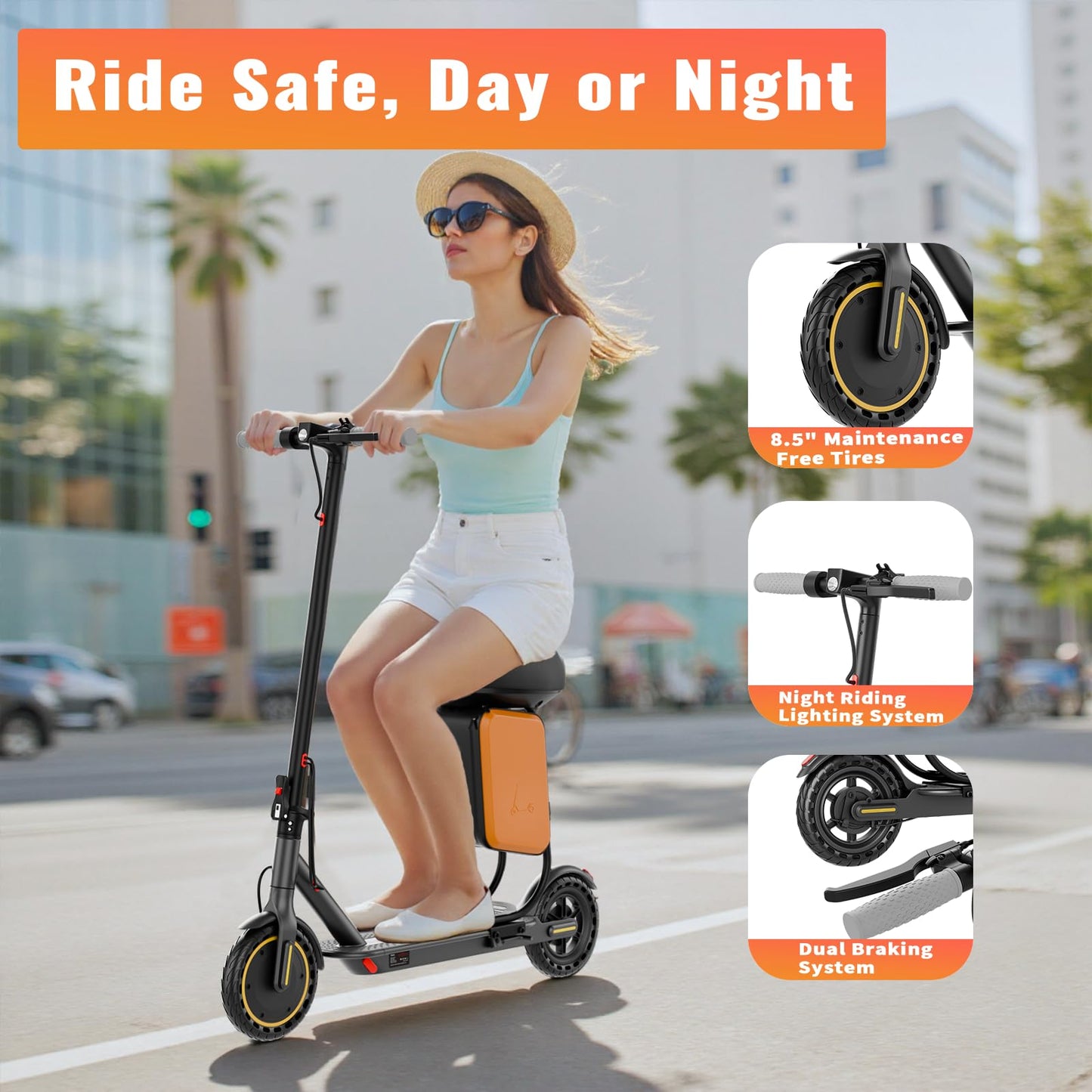 Qlaway 8.5" E Scooter for Adults with Luggage Seat 19 MPH Sport Escooter 350W Motor, Electric Scooter Up to 22 Miles Range, Bearing 265 LBS/APP Control/UL 2272