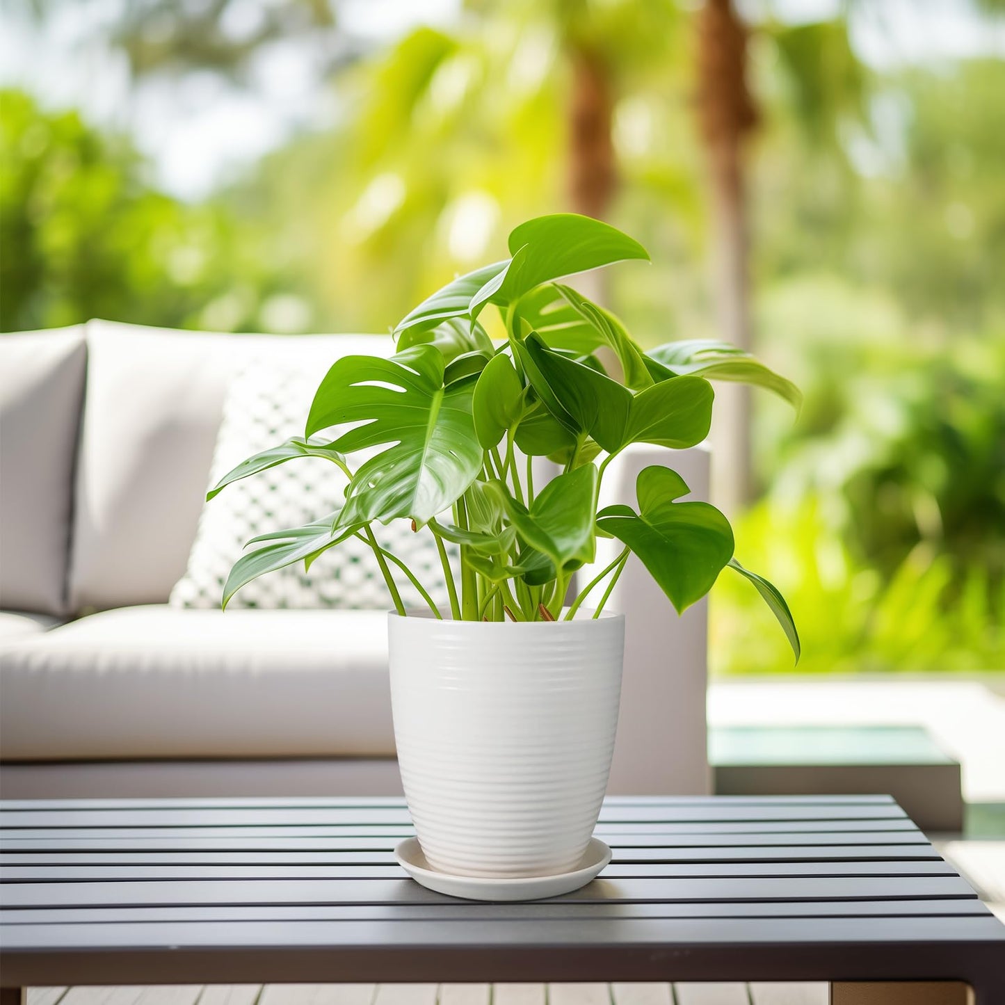 EPFamily 8 Inch Ceramic Planter Pot Round Plant Pot with Drainage Hole and Saucer Modern Flower Pot for Indoor Outdoor Plants White